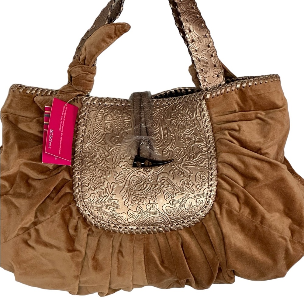 NWT BCBGIRLS  Caramel Genuine Leather and Fabric Shoulder Bag